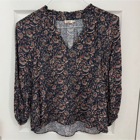 Faherty Brand Portia Top Size Small Block Print Long Sleeve V Neck Floral Blue - Picture 1 of 5